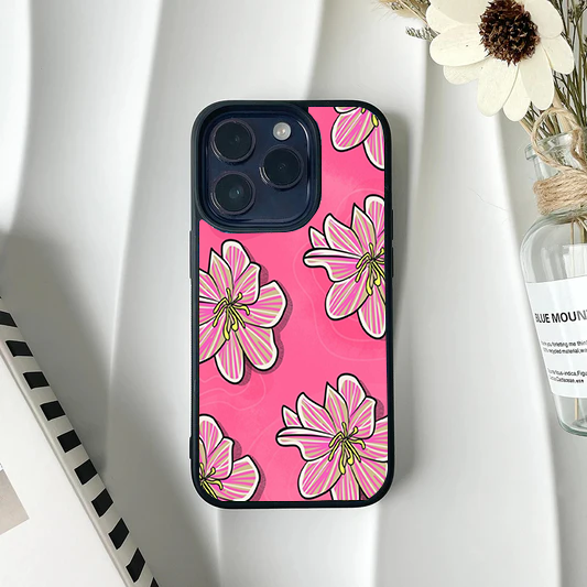 Hot pink phone case with stylized graphic pink and white lilies over a subtle wavy texture.